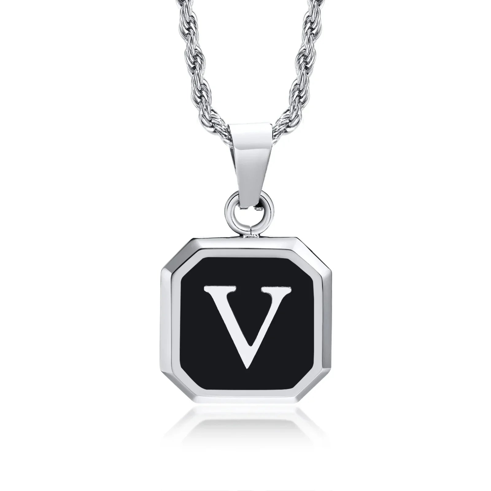 Collier homme avec pendentif hexagonale initiale v