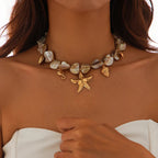 Choker Necklace with Beige Starfish Shell Pendants