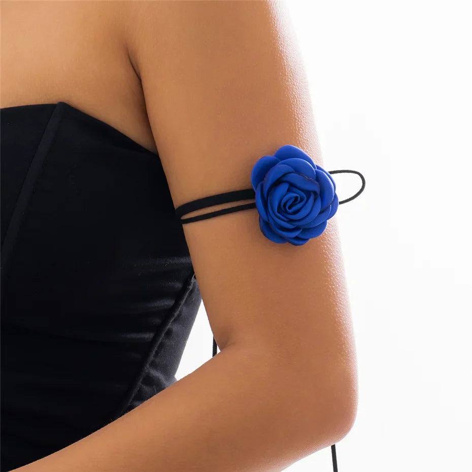 Elegant Choker Necklace Large Blue Rose Flower Pendant 1