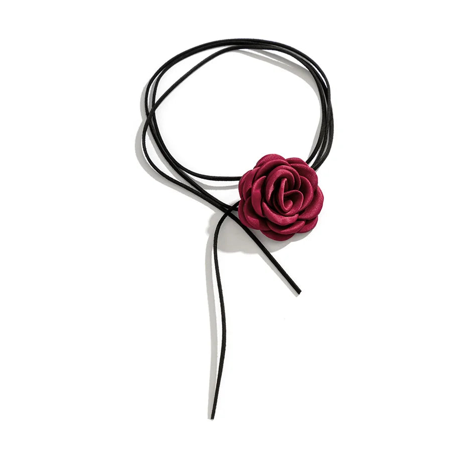 Elegant Choker Necklace Large Bordeaux Rose Flower Pendant