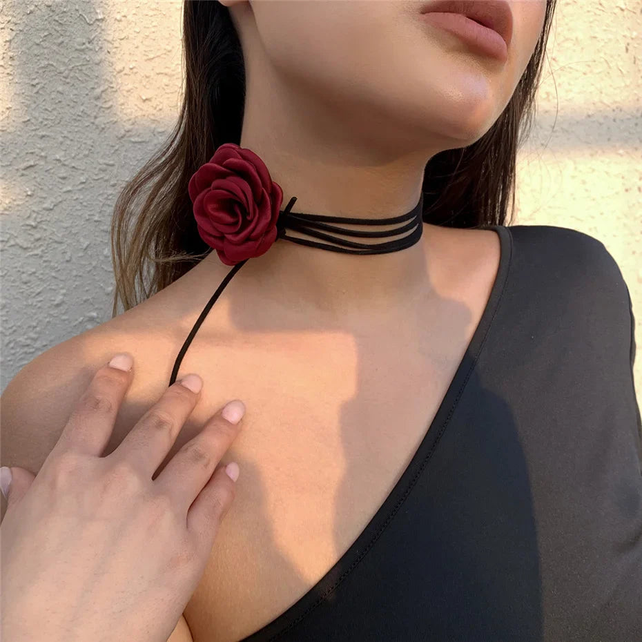 Elegant Choker Necklace Large Bordeaux Rose Flower Pendant