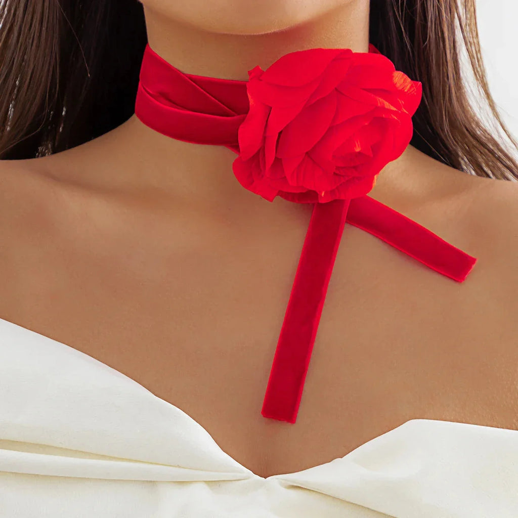 Elegant Choker Necklace Large Red Rose Flower Pendant