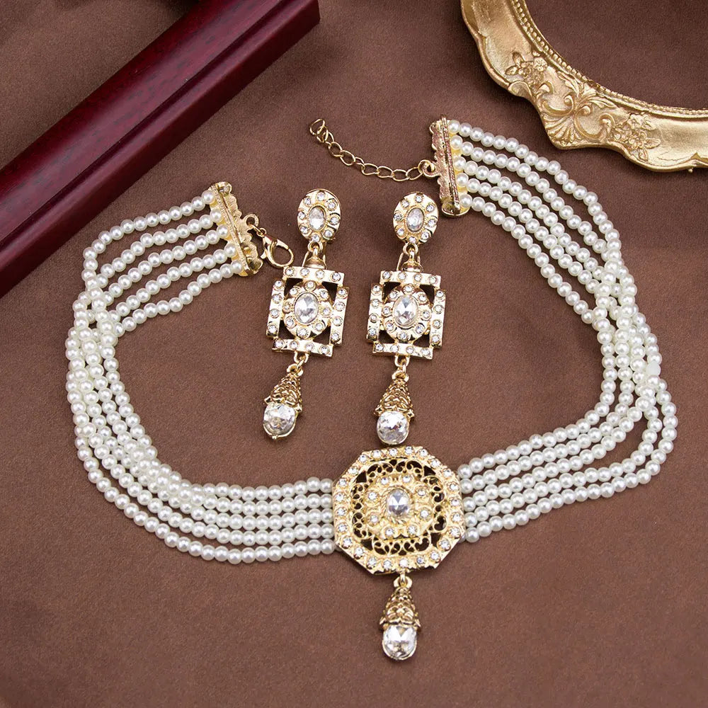 Collar corto y pendientes con Perlas colgantes árabes