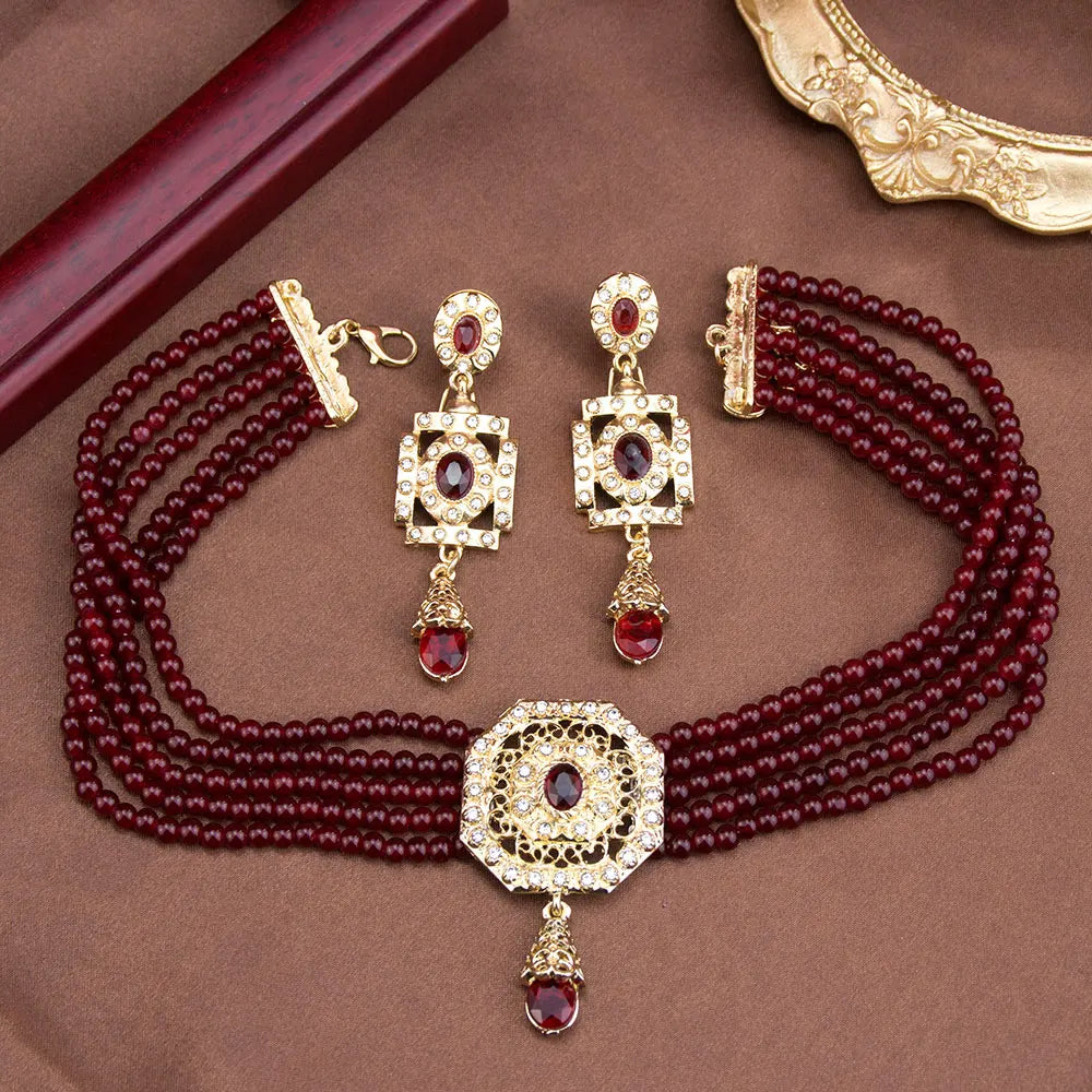Collar corto y pendientes con Perlas colgantes árabes