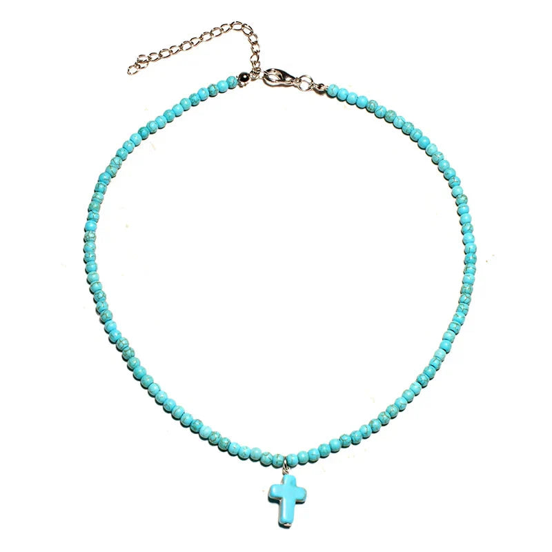 Collier Ras de Cou Pendentif Croix Pierre Naturelle Femme bleu
