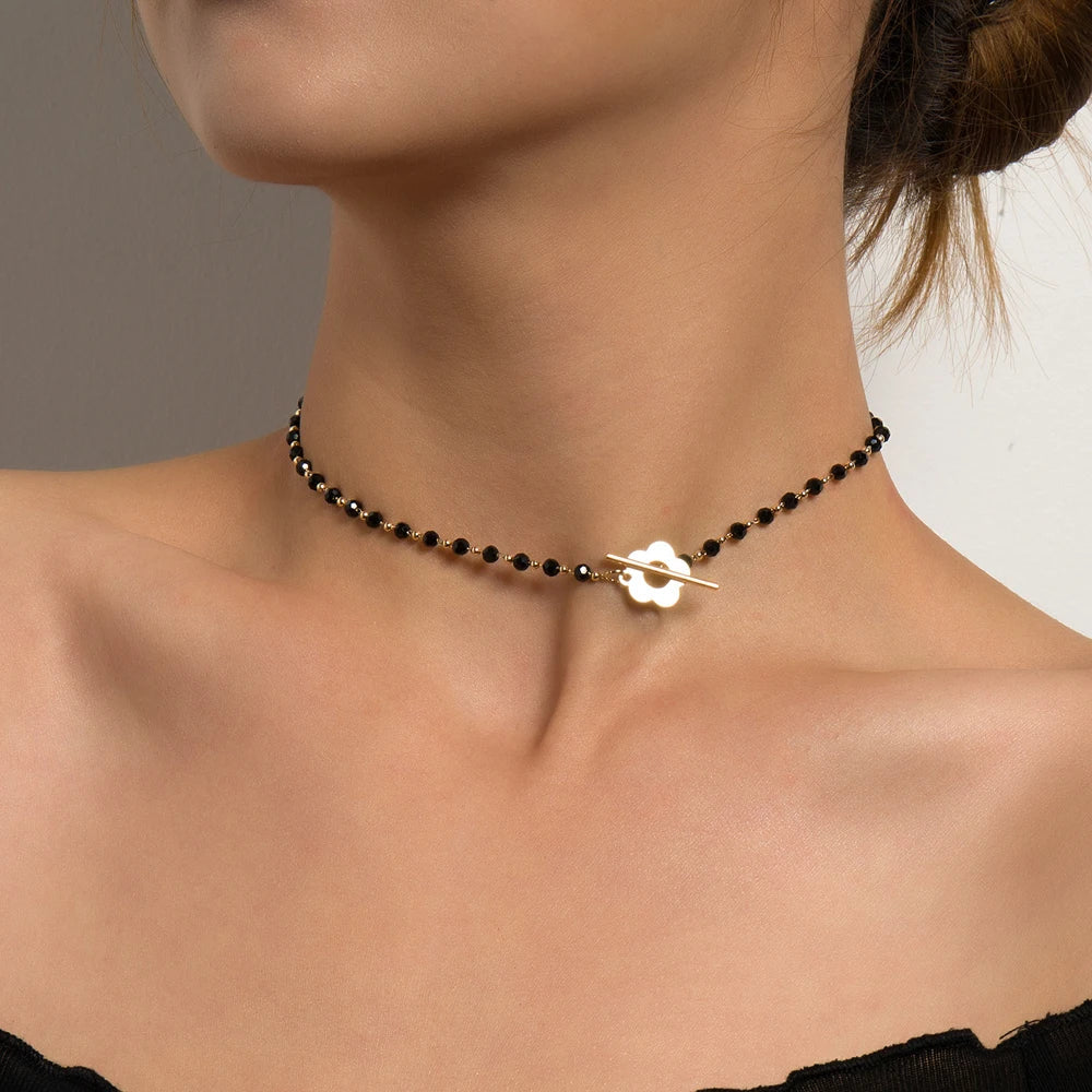 Collar Gargantilla Colgante Flor negro y oro