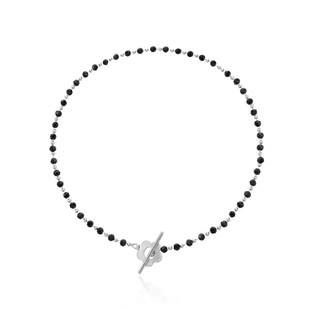 Collar Gargantilla Colgante Flor negro y plata