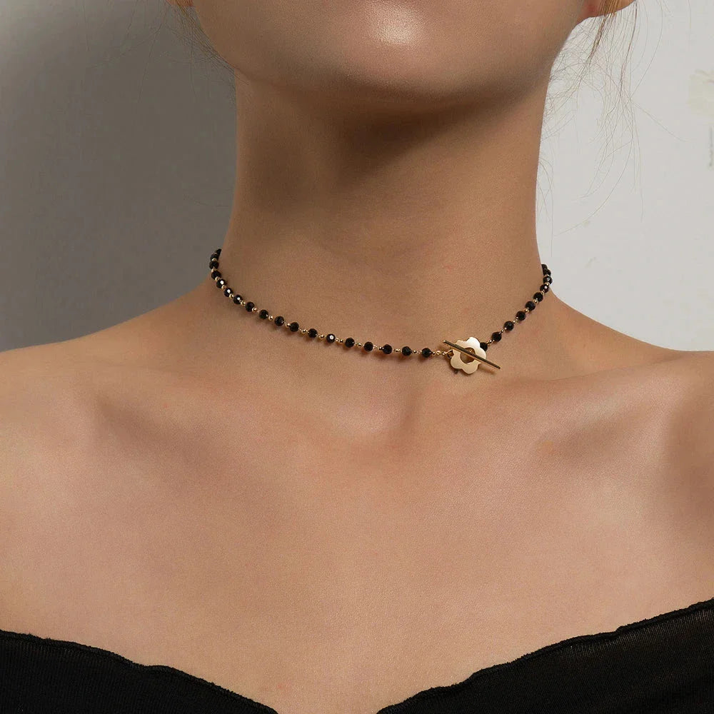 Collar Gargantilla Colgante Flor negro y oro