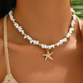 Collier ras du cou coquillage et étoile de mer blanc larges perles