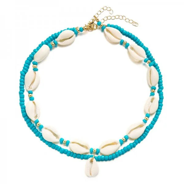Double collier coquillage cauri turquoise
