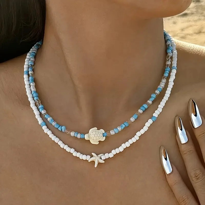 Collar doble de conchas y perlas de colores 