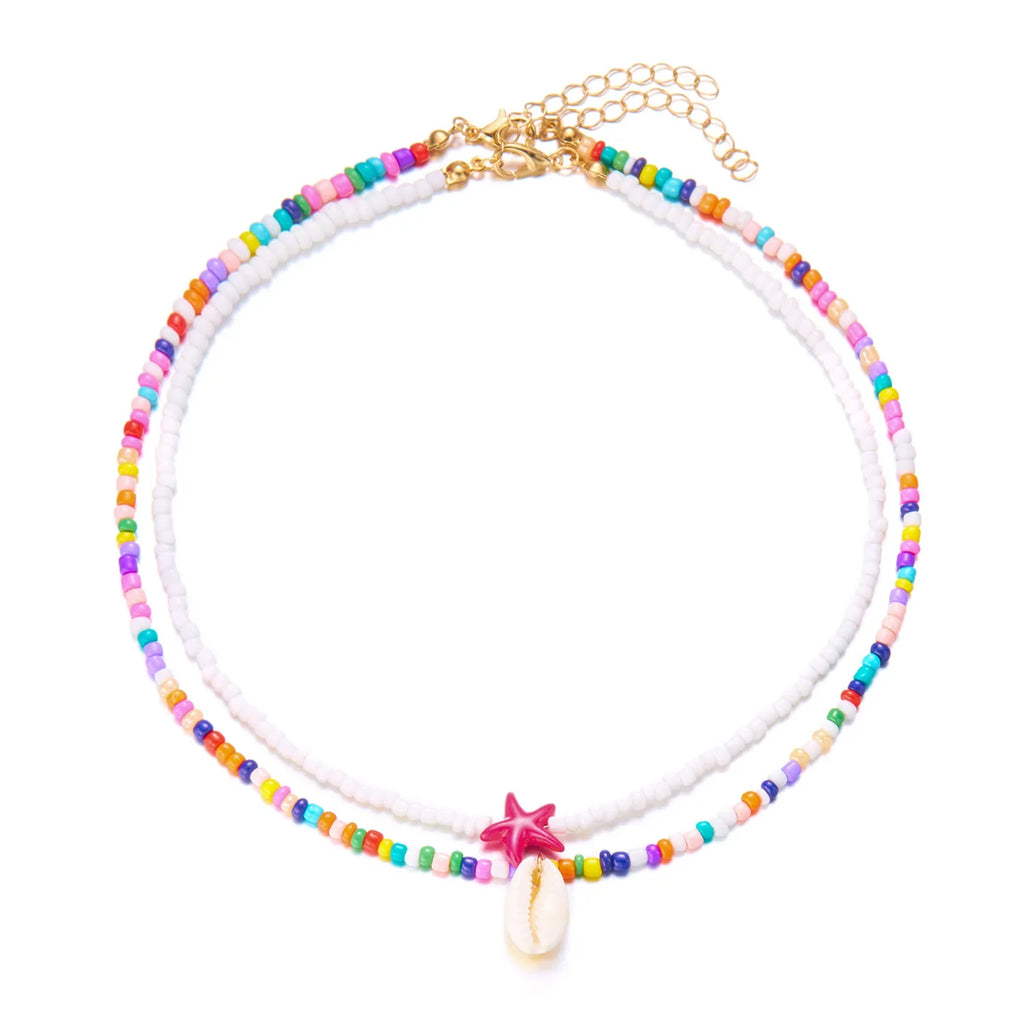 Double collier coquillage et perles colorées multicolore