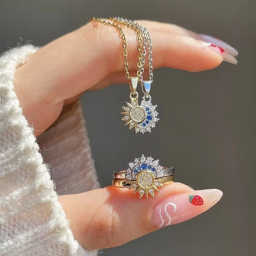 Lote de 2 Collares con Colgante de Luna o Sol en Circonio para Pareja oro y plata