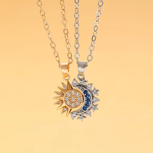 Lote de 2 Collares con Colgante de Luna o Sol en Circonio para Pareja oro y plata