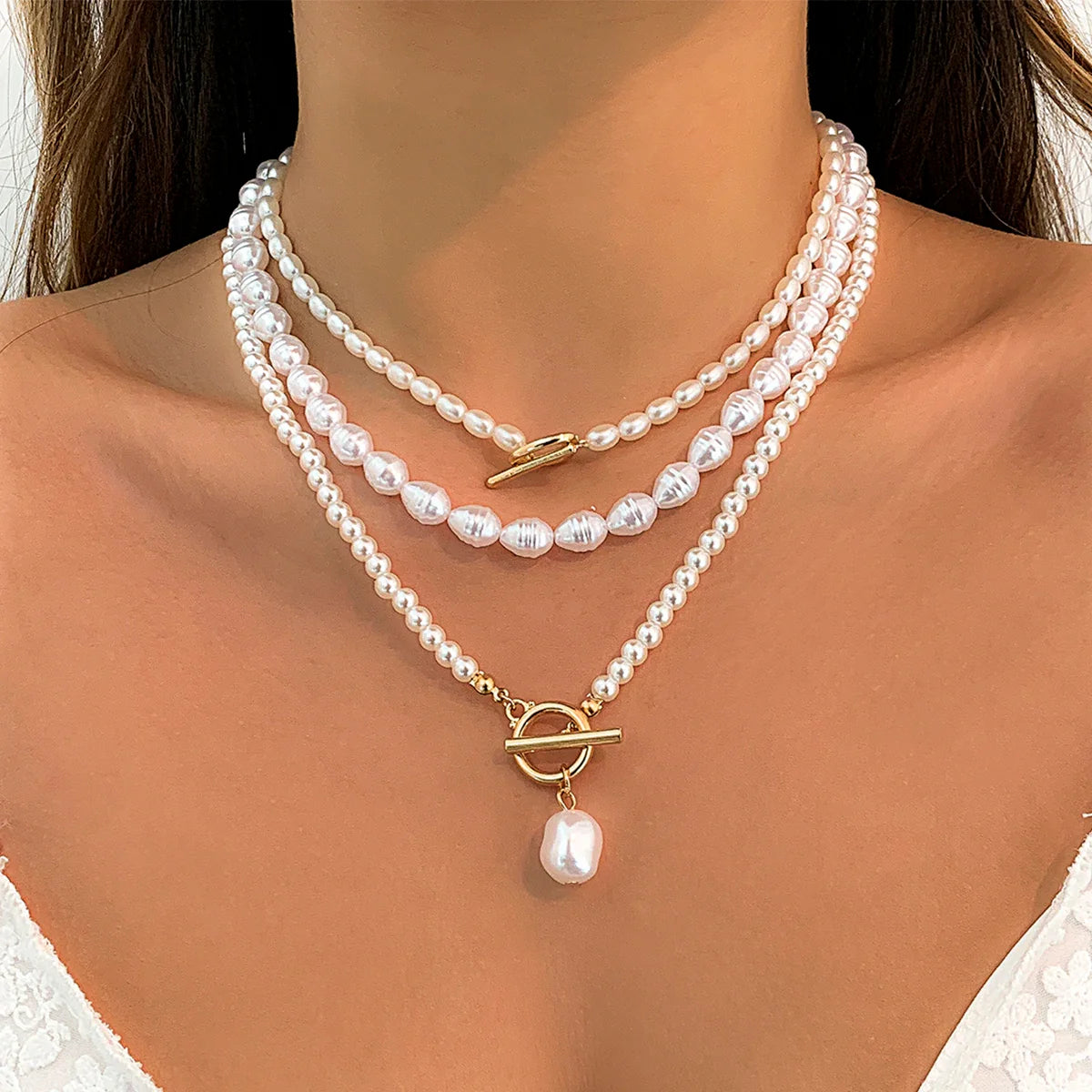 Set of 3 White Pearl Necklaces